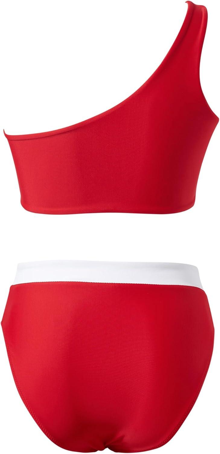 imageMOOSLOVER Women Cutout One Shoulder High Waisted Bikini High Cut Two Piece SwimsuitsRed White21