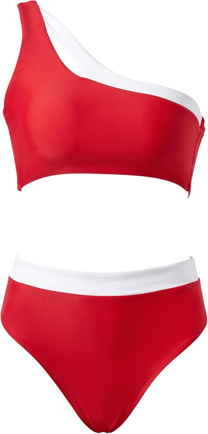 imageMOOSLOVER Women Cutout One Shoulder High Waisted Bikini High Cut Two Piece SwimsuitsRed White21