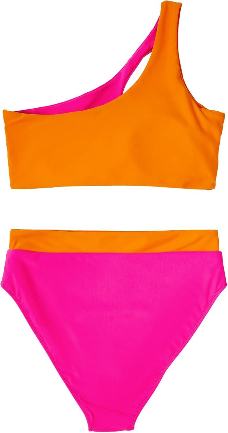 imageMOOSLOVER Women Cutout One Shoulder High Waisted Bikini High Cut Two Piece SwimsuitsRose Orange