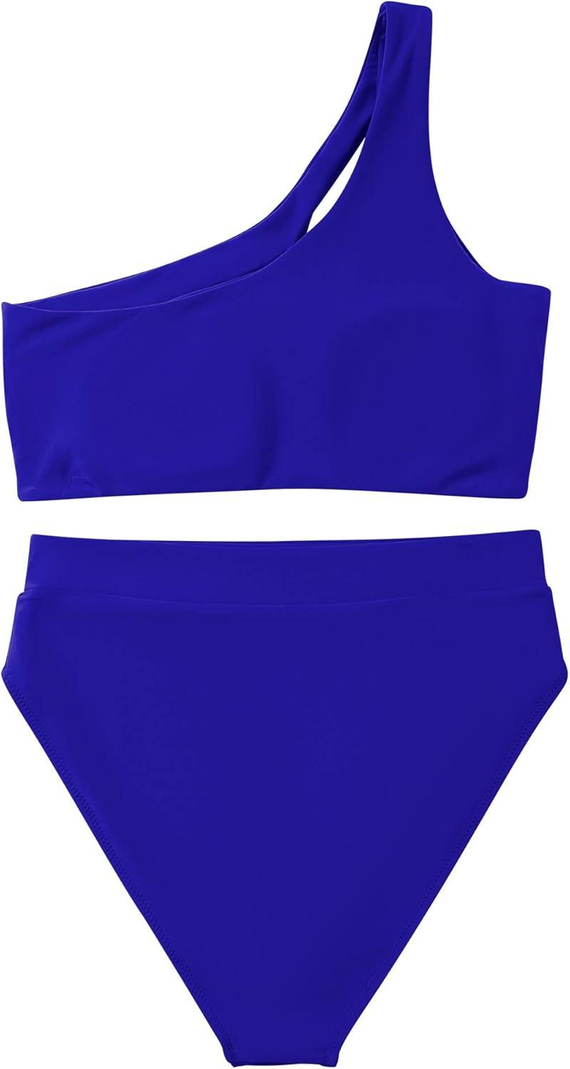 imageMOOSLOVER Women Cutout One Shoulder High Waisted Bikini High Cut Two Piece SwimsuitsRoyal Blue