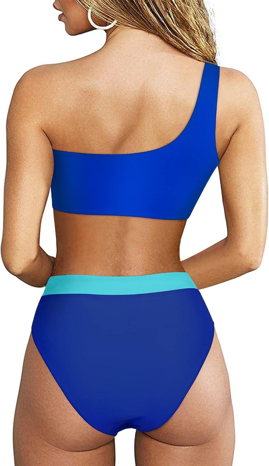 imageMOOSLOVER Women Cutout One Shoulder High Waisted Bikini High Cut Two Piece SwimsuitsSky Blue12