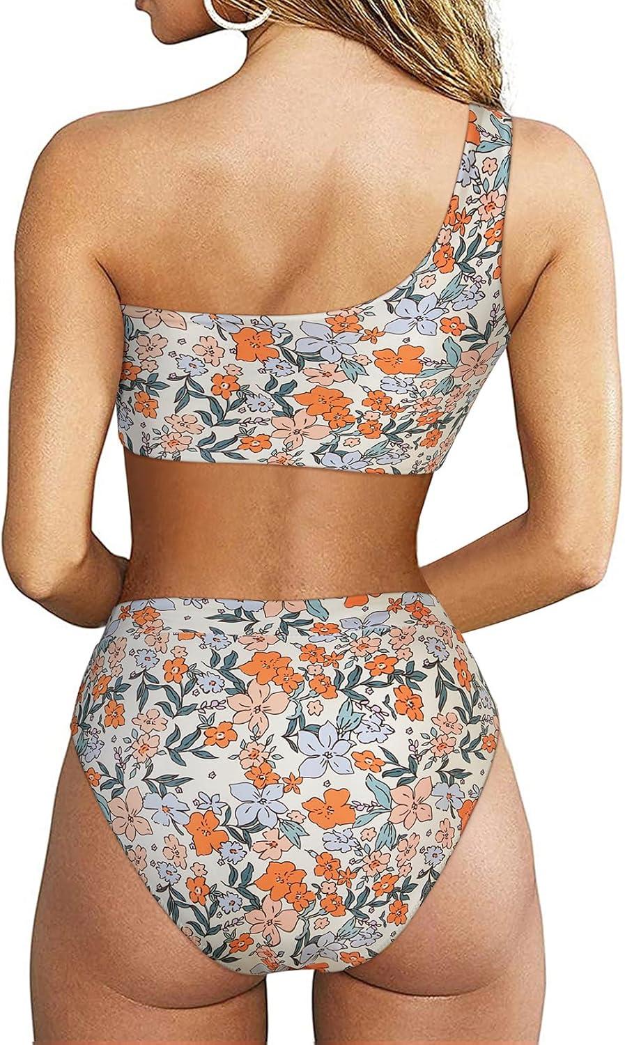 imageMOOSLOVER Women Cutout One Shoulder High Waisted Bikini High Cut Two Piece SwimsuitsYellow Floral22