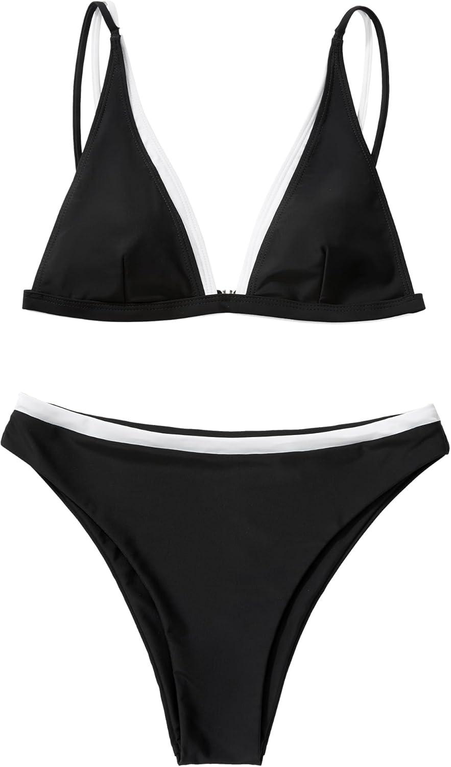 imageMOOSLOVER Women Triangle High Waisted Bikini String High Cut Two Piece SwimsuitsBlack White017