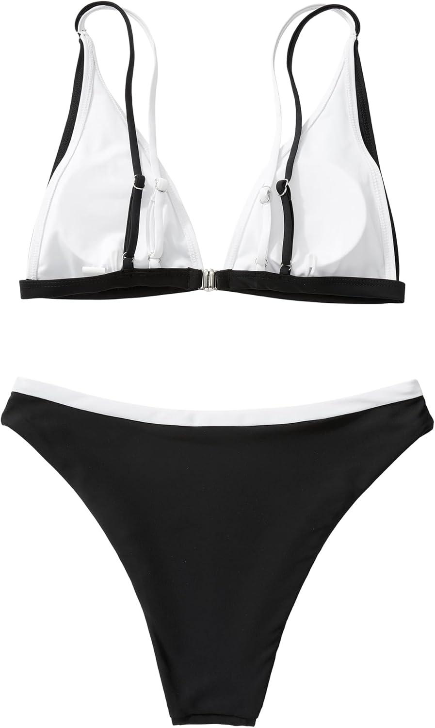 imageMOOSLOVER Women Triangle High Waisted Bikini String High Cut Two Piece SwimsuitsBlack White017