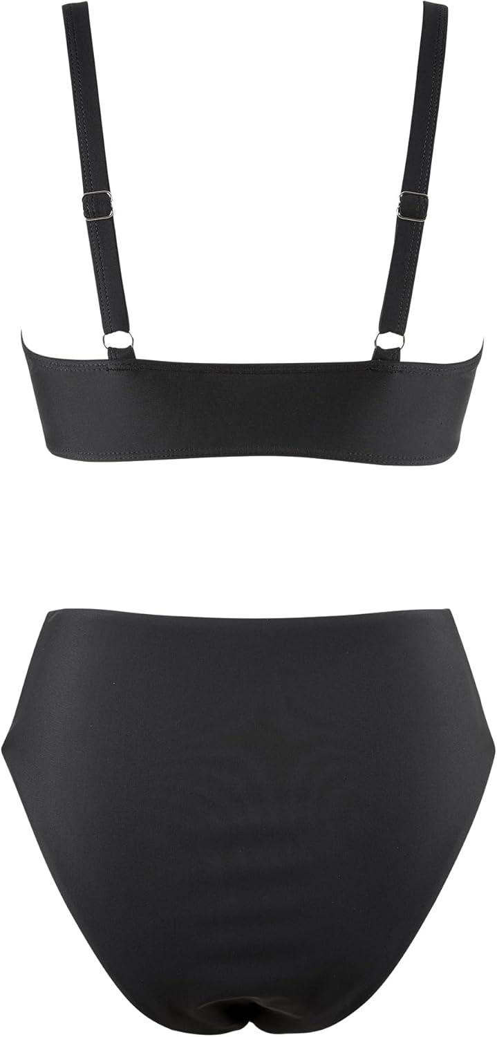 imageMOOSLOVER Women V Neck Knot Front High Waisted Bikini Sets High Cut Two Piece SwimsuitBlack