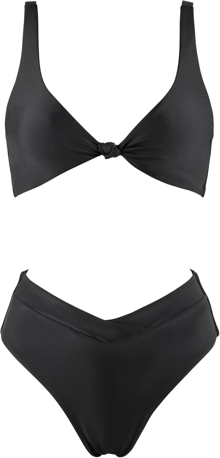 imageMOOSLOVER Women V Neck Knot Front High Waisted Bikini Sets High Cut Two Piece SwimsuitBlack
