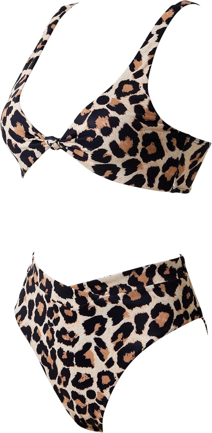 imageMOOSLOVER Women V Neck Knot Front High Waisted Bikini Sets High Cut Two Piece SwimsuitLeopard