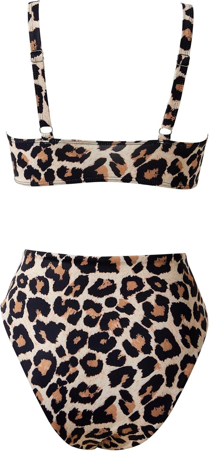 imageMOOSLOVER Women V Neck Knot Front High Waisted Bikini Sets High Cut Two Piece SwimsuitLeopard