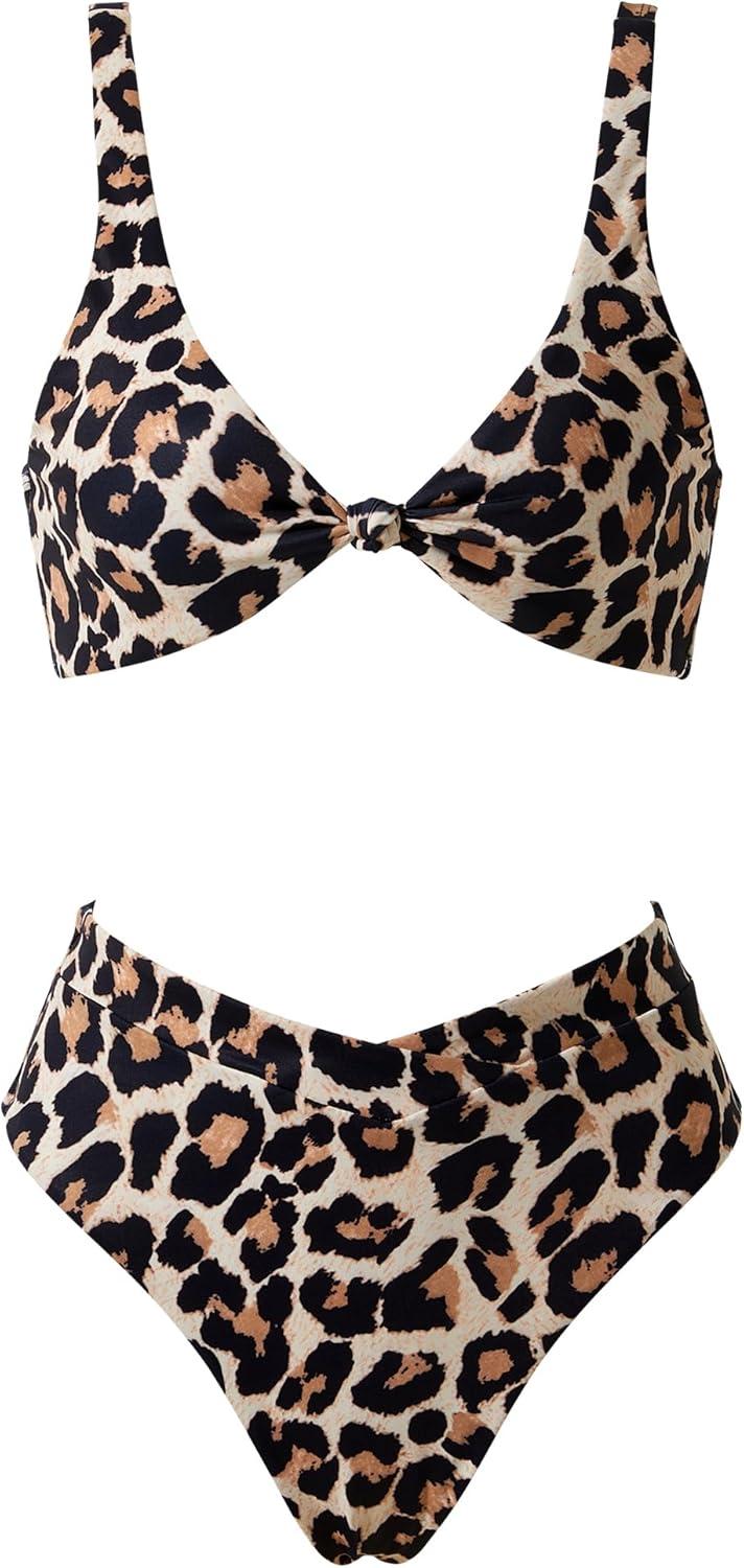 imageMOOSLOVER Women V Neck Knot Front High Waisted Bikini Sets High Cut Two Piece SwimsuitLeopard