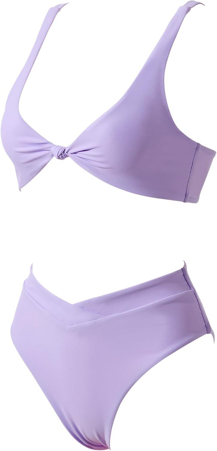 imageMOOSLOVER Women V Neck Knot Front High Waisted Bikini Sets High Cut Two Piece SwimsuitLight Purple