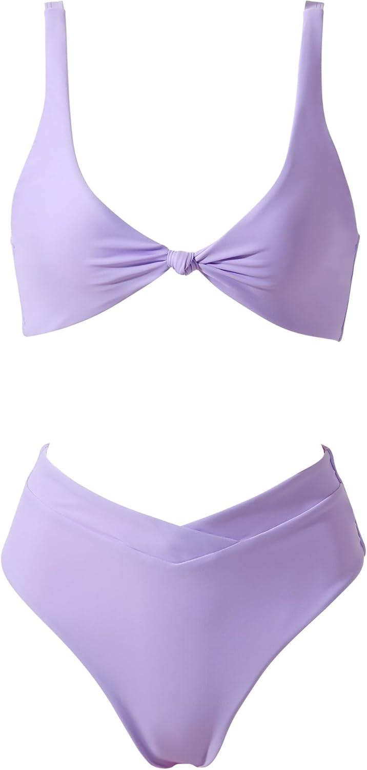 imageMOOSLOVER Women V Neck Knot Front High Waisted Bikini Sets High Cut Two Piece SwimsuitLight Purple