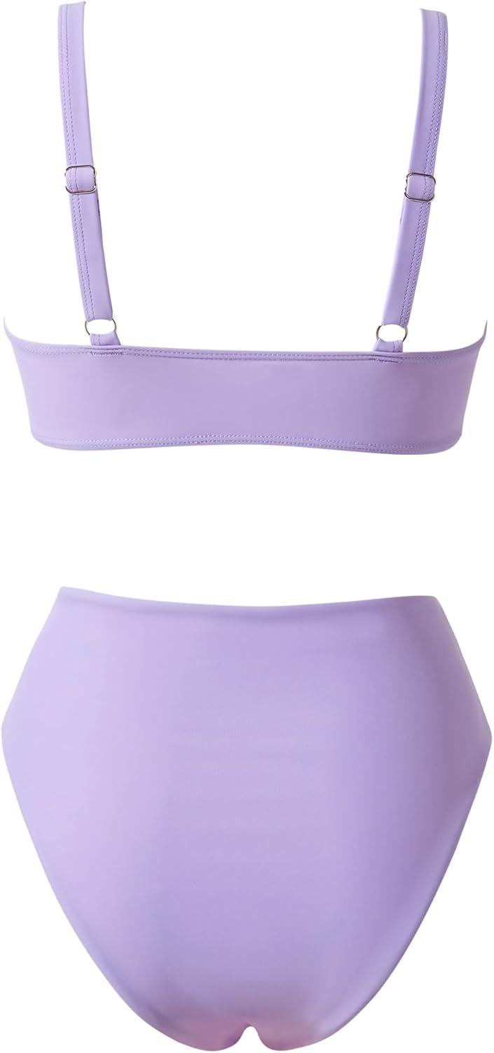imageMOOSLOVER Women V Neck Knot Front High Waisted Bikini Sets High Cut Two Piece SwimsuitLight Purple