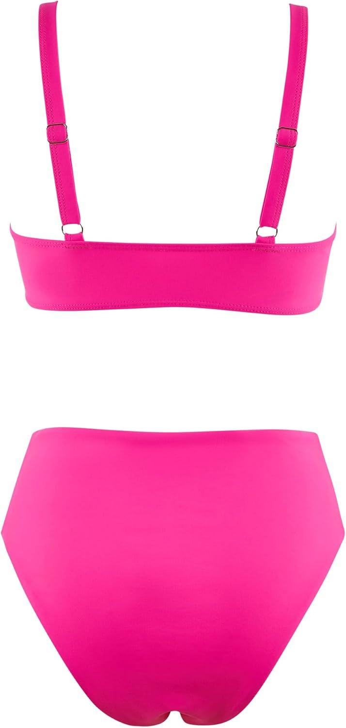 imageMOOSLOVER Women V Neck Knot Front High Waisted Bikini Sets High Cut Two Piece SwimsuitRose