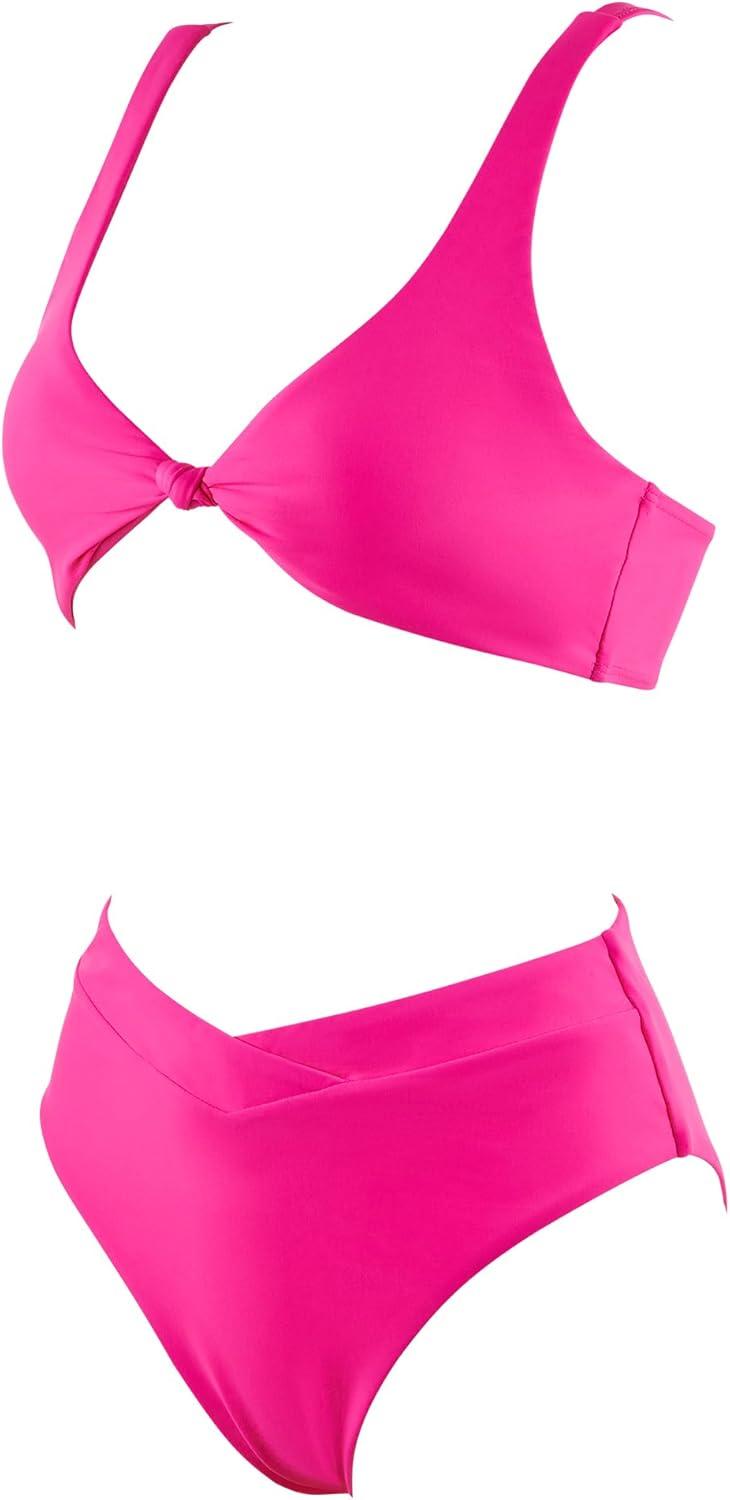 imageMOOSLOVER Women V Neck Knot Front High Waisted Bikini Sets High Cut Two Piece SwimsuitRose