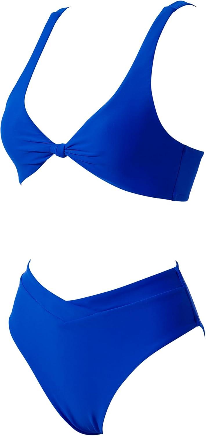 imageMOOSLOVER Women V Neck Knot Front High Waisted Bikini Sets High Cut Two Piece SwimsuitRoyal Blue