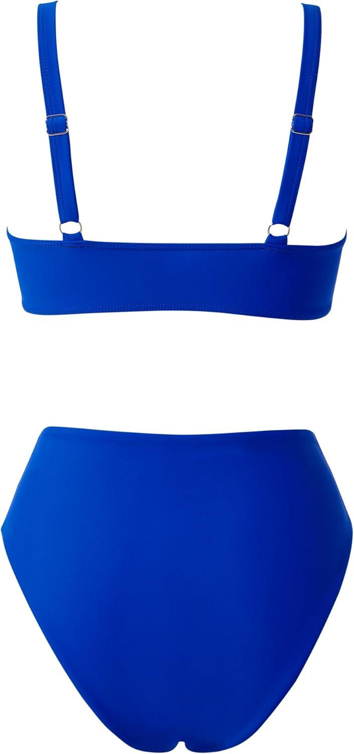 imageMOOSLOVER Women V Neck Knot Front High Waisted Bikini Sets High Cut Two Piece SwimsuitRoyal Blue