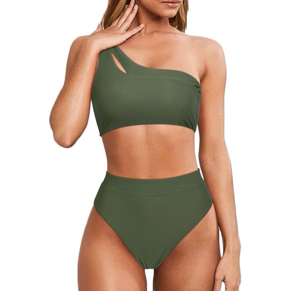 imageMOOSLOVER Women Cutout One Shoulder High Waisted Bikini High Cut Two Piece SwimsuitsArmy Green