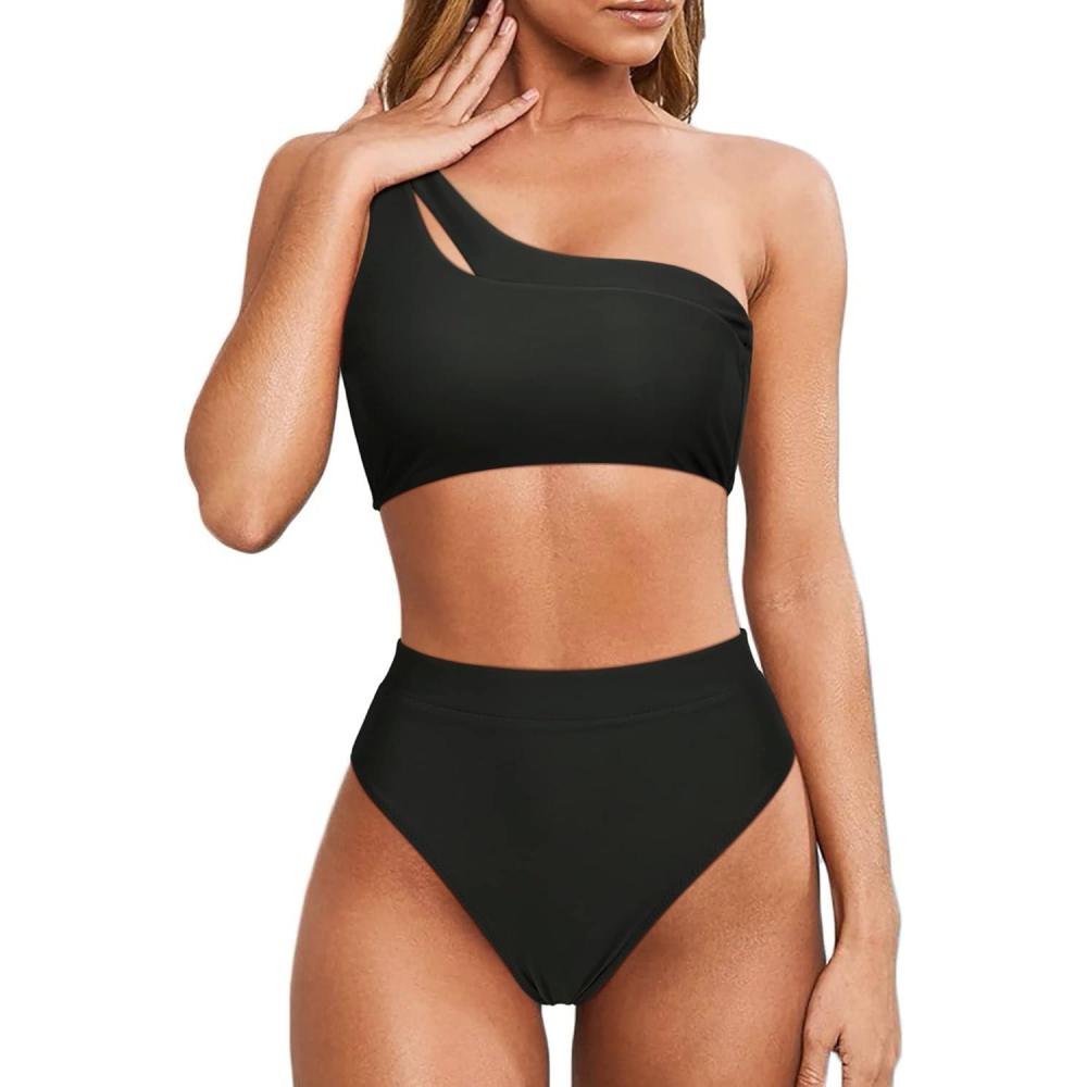 imageMOOSLOVER Women Cutout One Shoulder High Waisted Bikini High Cut Two Piece SwimsuitsBlack