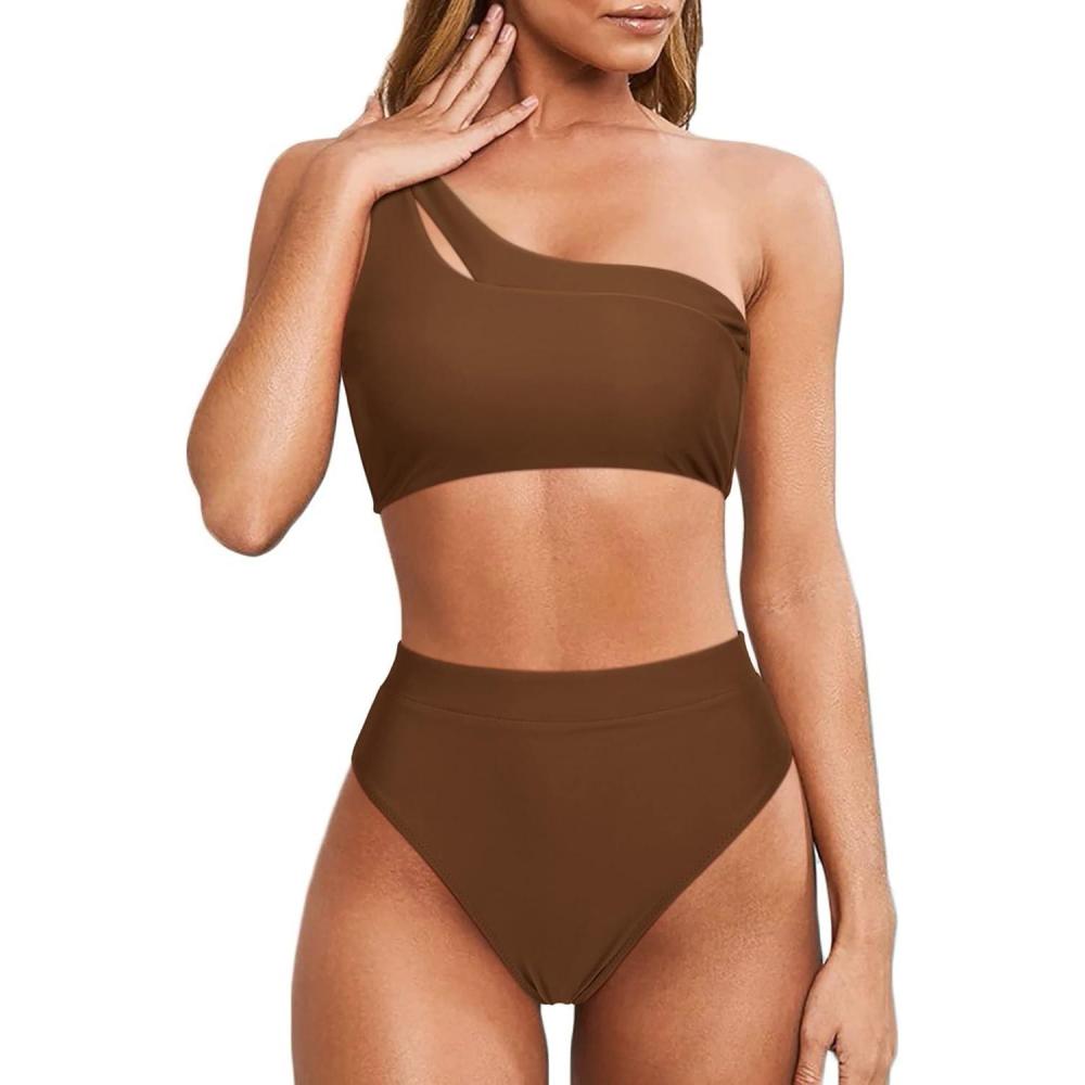 imageMOOSLOVER Women Cutout One Shoulder High Waisted Bikini High Cut Two Piece SwimsuitsCoffee