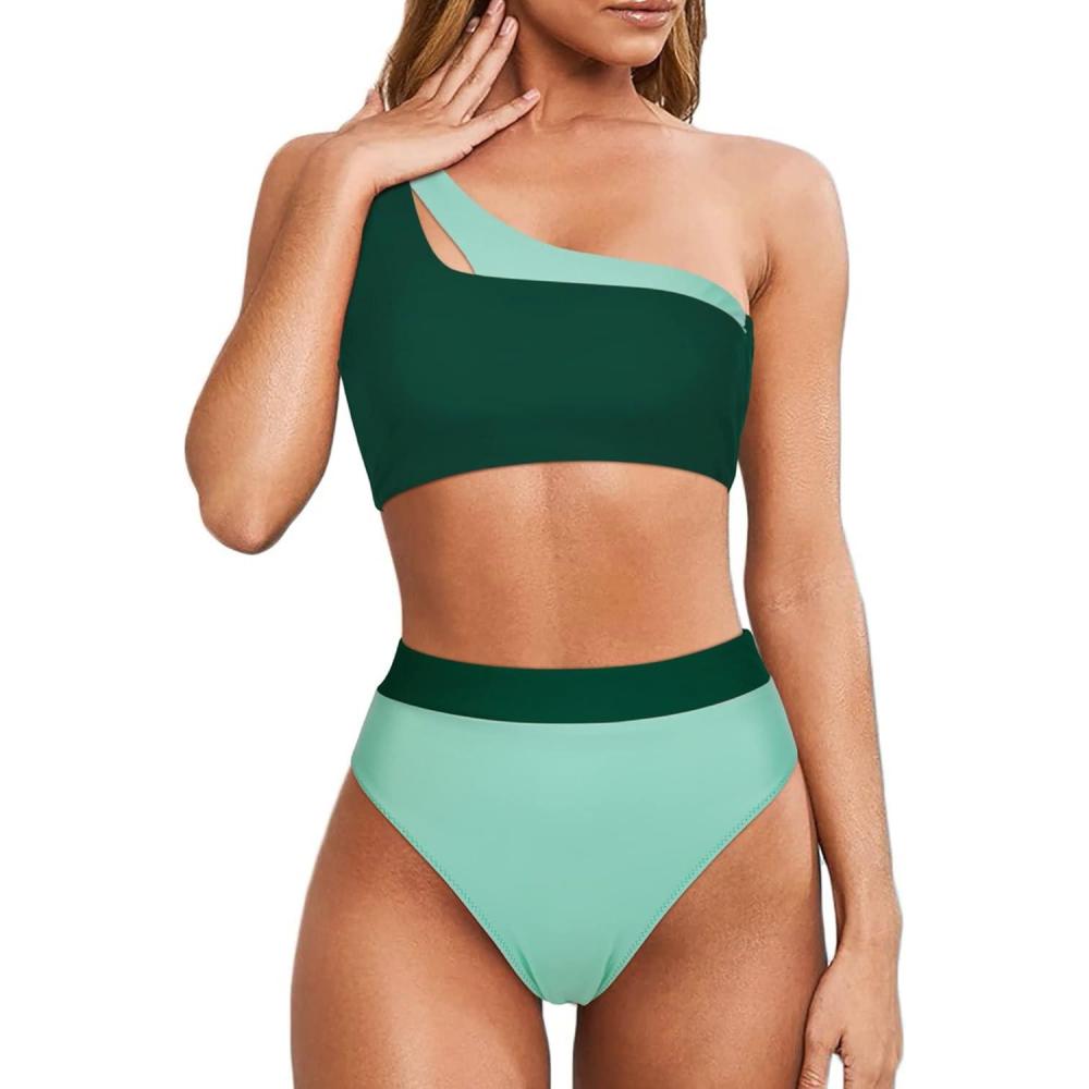 imageMOOSLOVER Women Cutout One Shoulder High Waisted Bikini High Cut Two Piece SwimsuitsDark Green14