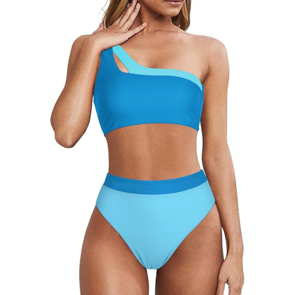 imageMOOSLOVER Women Cutout One Shoulder High Waisted Bikini High Cut Two Piece SwimsuitsLight Blue