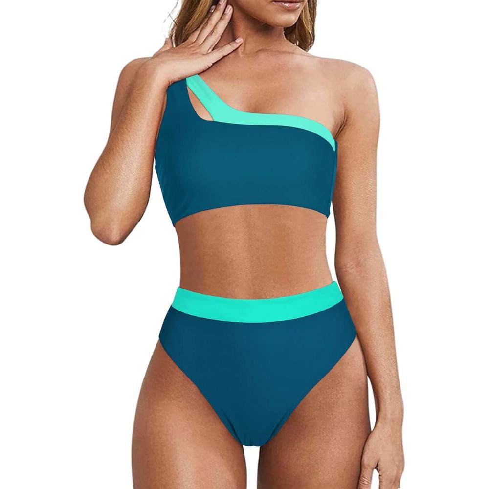 imageMOOSLOVER Women Cutout One Shoulder High Waisted Bikini High Cut Two Piece SwimsuitsNavy Blue