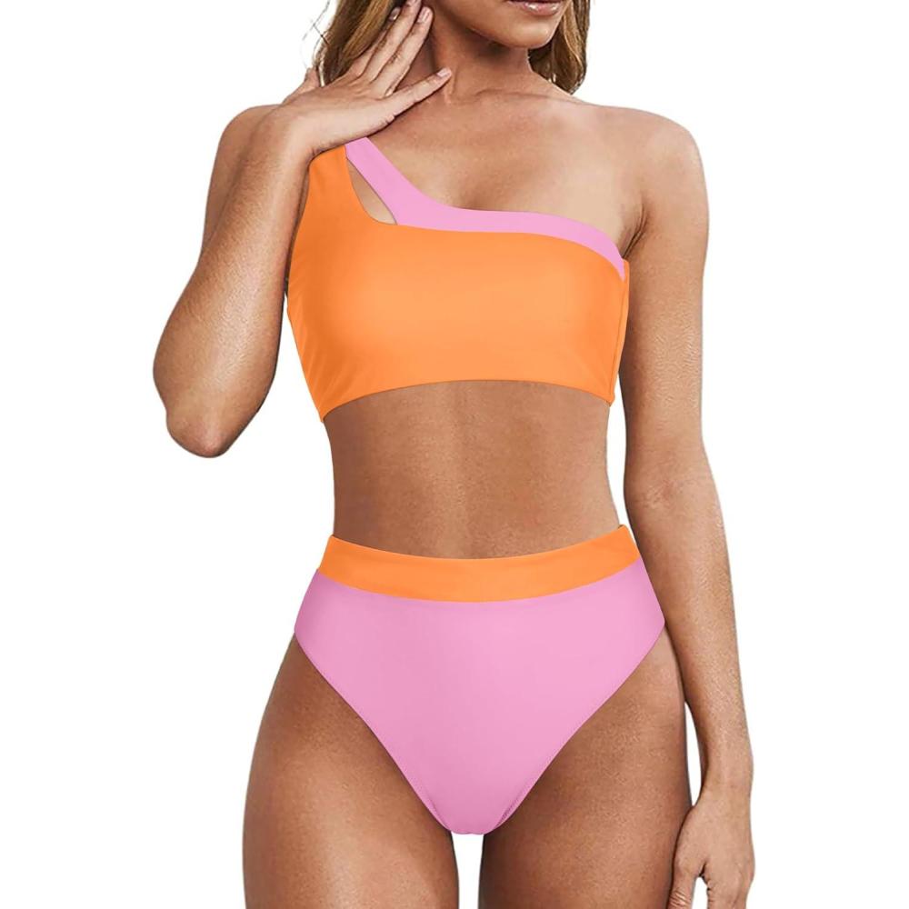 imageMOOSLOVER Women Cutout One Shoulder High Waisted Bikini High Cut Two Piece SwimsuitsPink Orange20