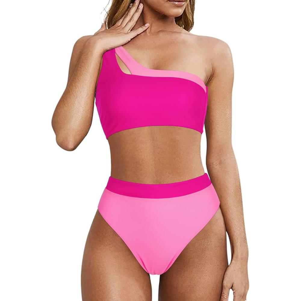imageMOOSLOVER Women Cutout One Shoulder High Waisted Bikini High Cut Two Piece SwimsuitsPink Rose