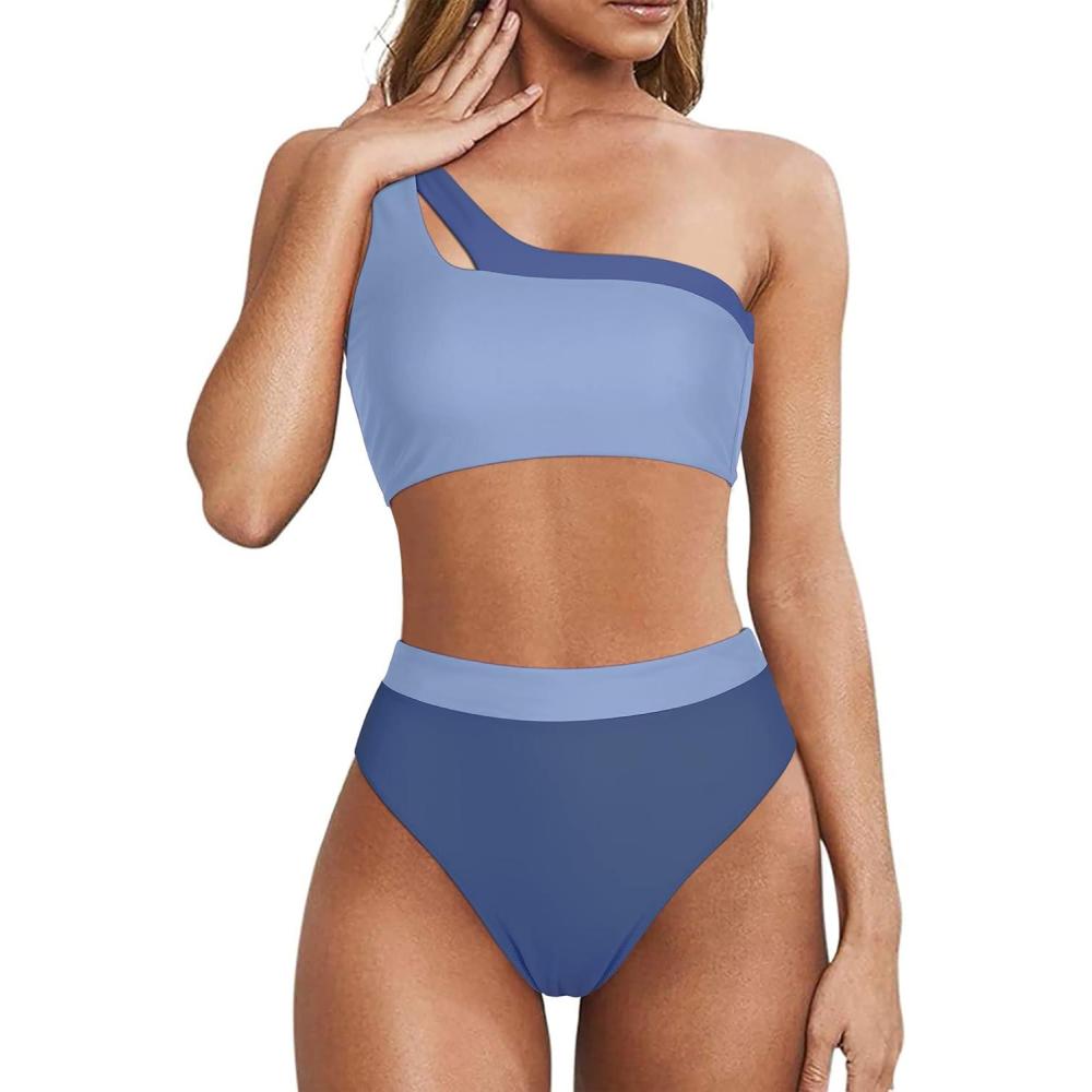imageMOOSLOVER Women Cutout One Shoulder High Waisted Bikini High Cut Two Piece SwimsuitsPurple Blue