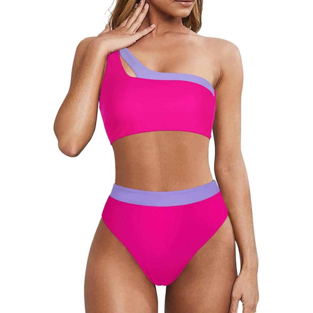 imageMOOSLOVER Women Cutout One Shoulder High Waisted Bikini High Cut Two Piece SwimsuitsPurple Rose17