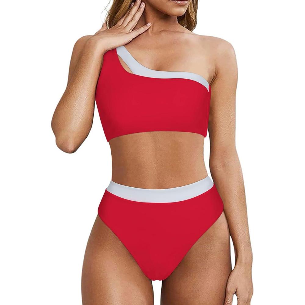 imageMOOSLOVER Women Cutout One Shoulder High Waisted Bikini High Cut Two Piece SwimsuitsRed White21