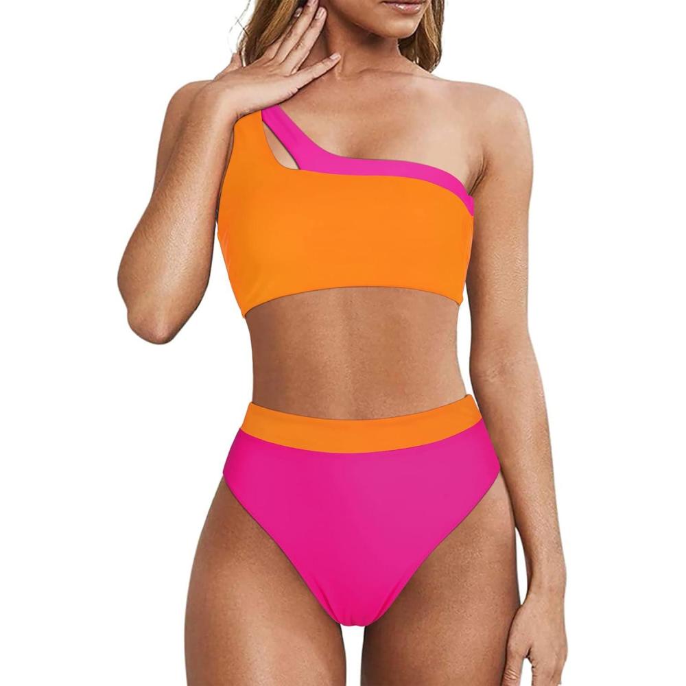 imageMOOSLOVER Women Cutout One Shoulder High Waisted Bikini High Cut Two Piece SwimsuitsRose Orange