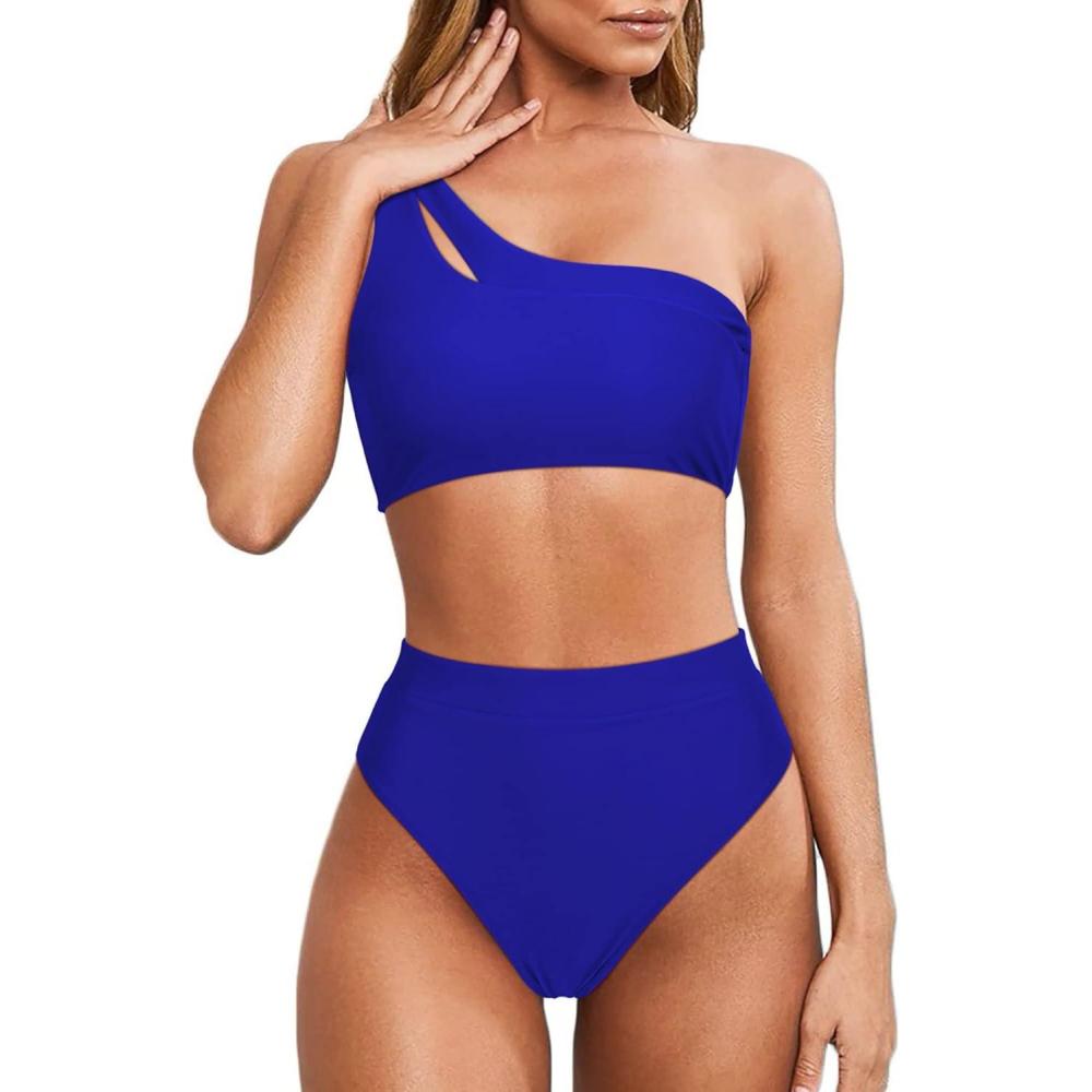 imageMOOSLOVER Women Cutout One Shoulder High Waisted Bikini High Cut Two Piece SwimsuitsRoyal Blue