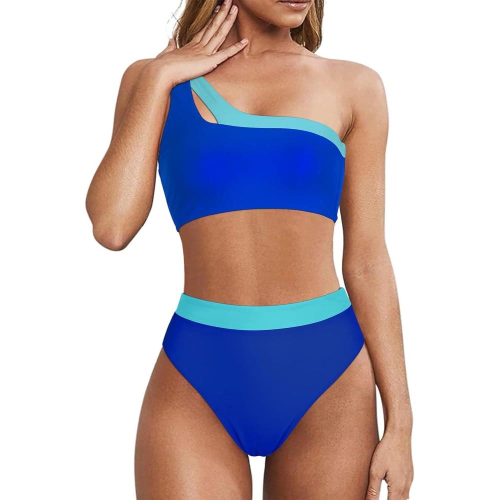 imageMOOSLOVER Women Cutout One Shoulder High Waisted Bikini High Cut Two Piece SwimsuitsSky Blue12