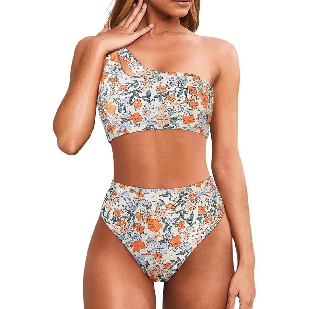 imageMOOSLOVER Women Cutout One Shoulder High Waisted Bikini High Cut Two Piece SwimsuitsYellow Floral22