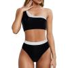 imageMOOSLOVER Women Cutout One Shoulder High Waisted Bikini High Cut Two Piece SwimsuitsBlack White