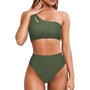 imageMOOSLOVER Women Cutout One Shoulder High Waisted Bikini High Cut Two Piece SwimsuitsArmy Green