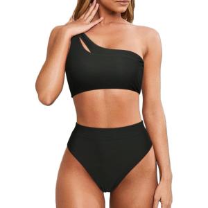 imageMOOSLOVER Women Cutout One Shoulder High Waisted Bikini High Cut Two Piece SwimsuitsBlack