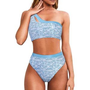 imageMOOSLOVER Women Cutout One Shoulder High Waisted Bikini High Cut Two Piece SwimsuitsBlue Floral23