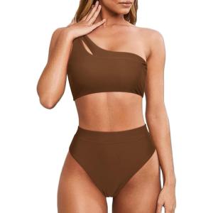 imageMOOSLOVER Women Cutout One Shoulder High Waisted Bikini High Cut Two Piece SwimsuitsCoffee
