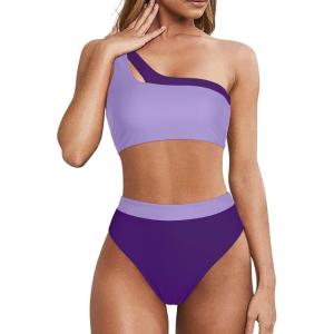 imageMOOSLOVER Women Cutout One Shoulder High Waisted Bikini High Cut Two Piece SwimsuitsLight Purple11