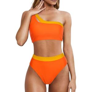 imageMOOSLOVER Women Cutout One Shoulder High Waisted Bikini High Cut Two Piece SwimsuitsOrange Yellow