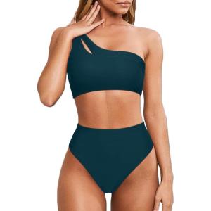 imageMOOSLOVER Women Cutout One Shoulder High Waisted Bikini High Cut Two Piece SwimsuitsPeacock Blue