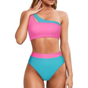 imageMOOSLOVER Women Cutout One Shoulder High Waisted Bikini High Cut Two Piece SwimsuitsPink Blue13