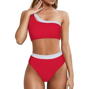 imageMOOSLOVER Women Cutout One Shoulder High Waisted Bikini High Cut Two Piece SwimsuitsRed White21