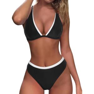 imageMOOSLOVER Women Triangle High Waisted Bikini String High Cut Two Piece SwimsuitsBlack White017