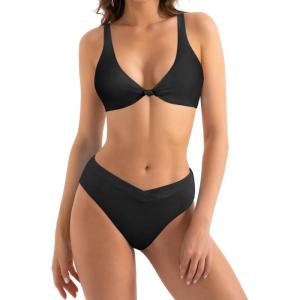 imageMOOSLOVER Women V Neck Knot Front High Waisted Bikini Sets High Cut Two Piece SwimsuitBlack
