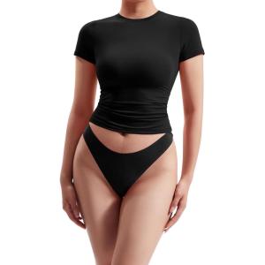 imageMOOSLOVER Womens Casual Basic Going Out Crop Tops Short Sleeve Crew Neck Tight T Shirts