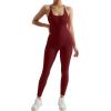 imageMOOSLOVER Women Strappy Backless One Piece Jumpsuits Tummy Control Padded Workout Rompers1 Burgundy