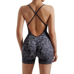 imageMOOSLOVER Women Strappy Backless Jumpsuits Tummy Control Bodycon Yoga Romper One Piece Workout Jumpsuit Shorts1 Blue Leopard